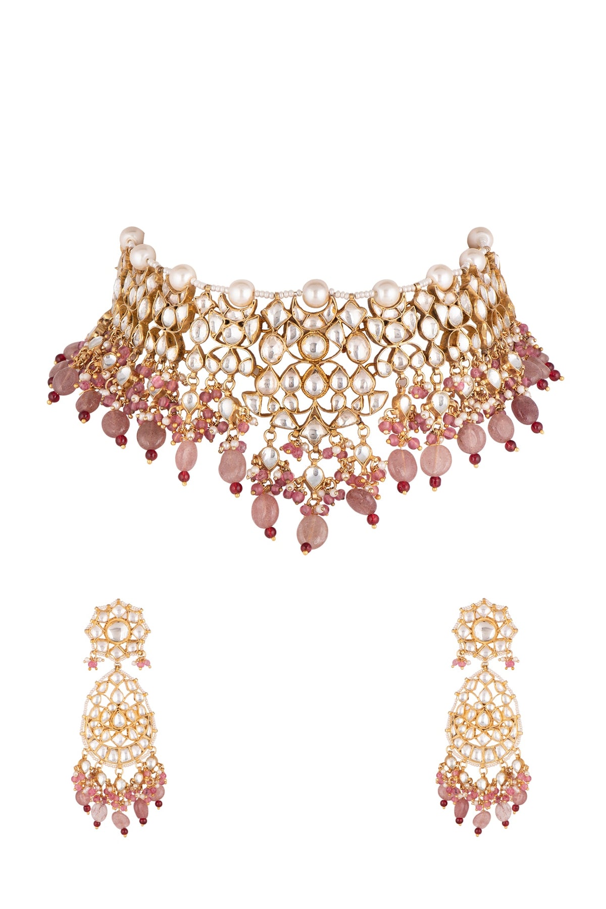 Gold Plated Pink Beads Necklace Set