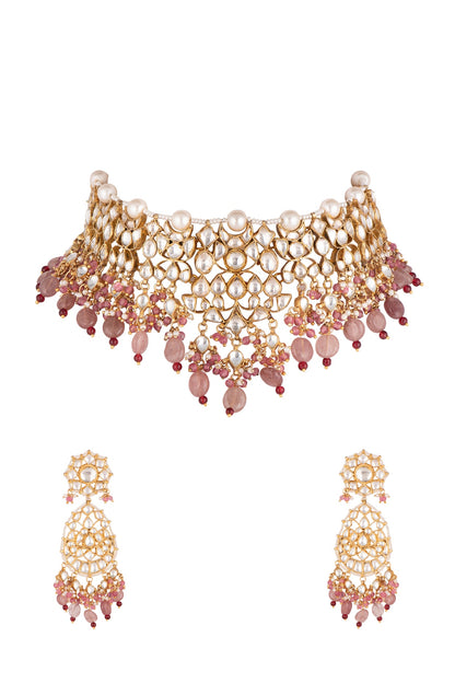 Gold Plated Pink Beads Necklace Set