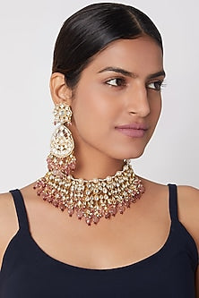 Gold Plated Pink Beads Necklace Set