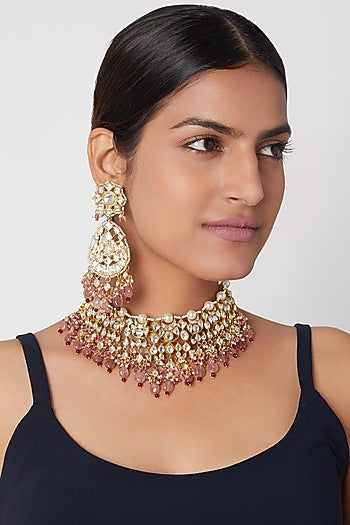 Gold Plated Pink Beads Necklace Set
