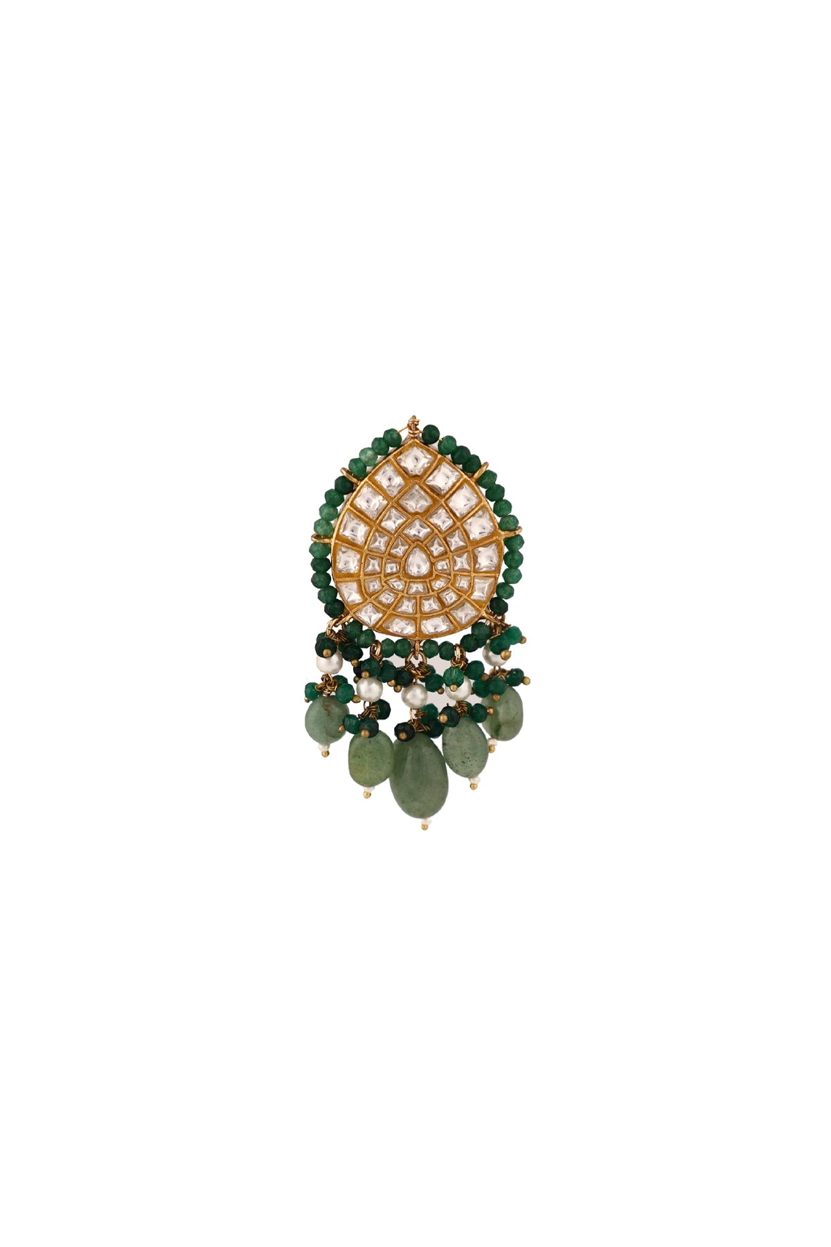 Matte Gold Plated Sea Green & Dark Green Jadtar Stone Brooch