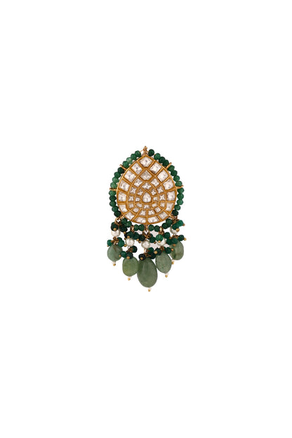 Matte Gold Plated Sea Green & Dark Green Jadtar Stone Brooch