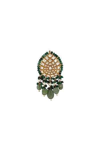 Matte Gold Plated Sea Green & Dark Green Jadtar Stone Brooch