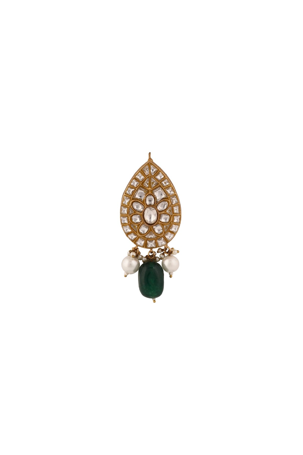 Matte Gold Plated Green Bead & White Jadtar Stone Brooch