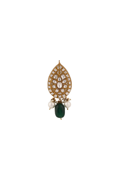 Matte Gold Plated Green Bead & White Jadtar Stone Brooch