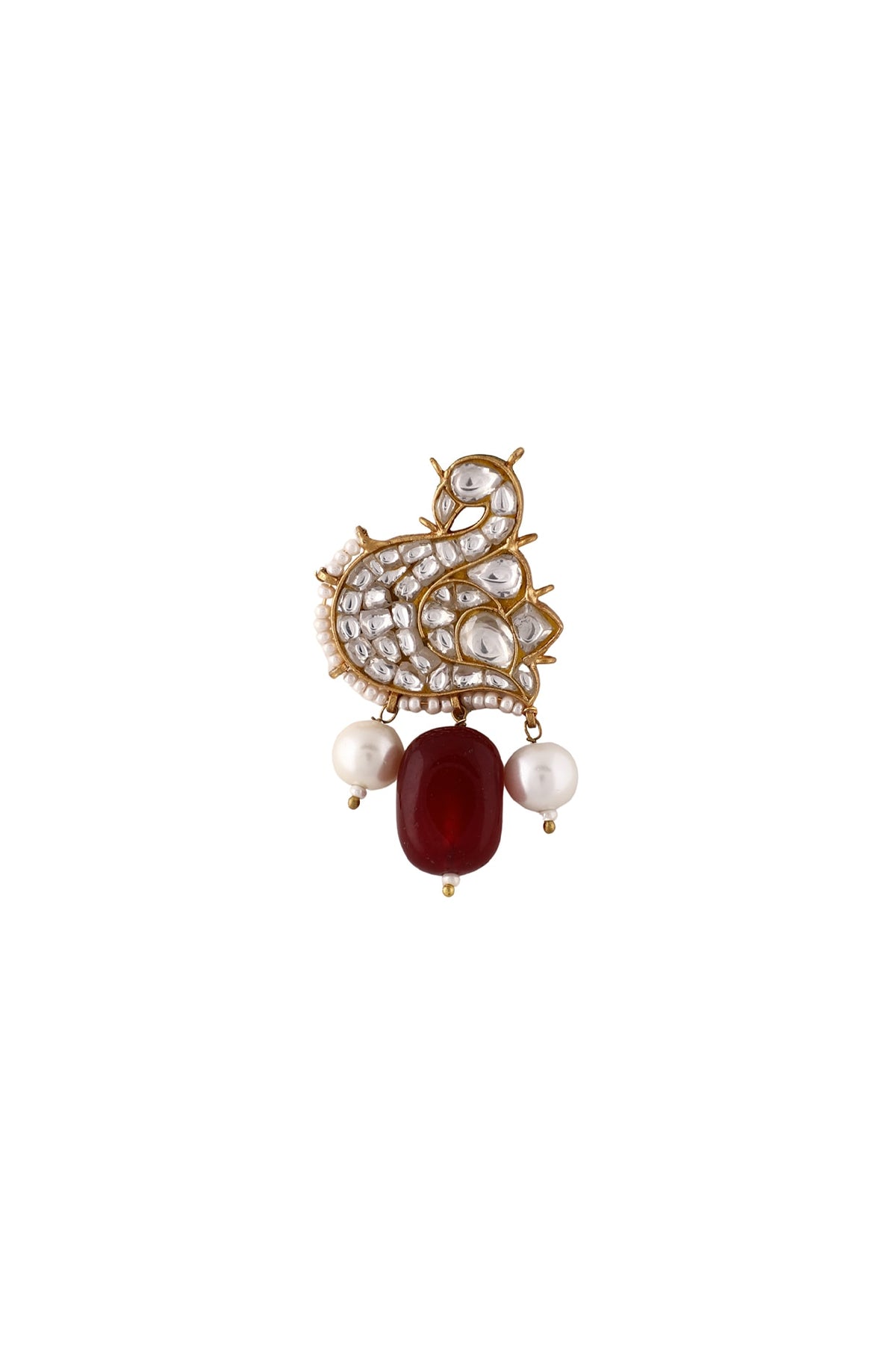 Matte Gold Plated Red & White Pearl Peacock Brooch