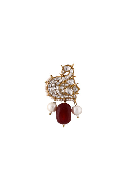 Matte Gold Plated Red & White Pearl Peacock Brooch