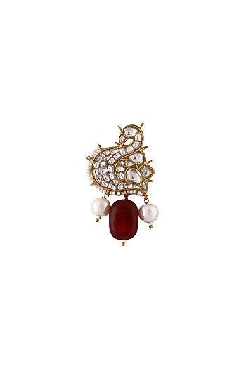 Matte Gold Plated Red & White Pearl Peacock Brooch