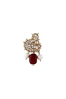 Matte Gold Plated Red & White Pearl Peacock Brooch