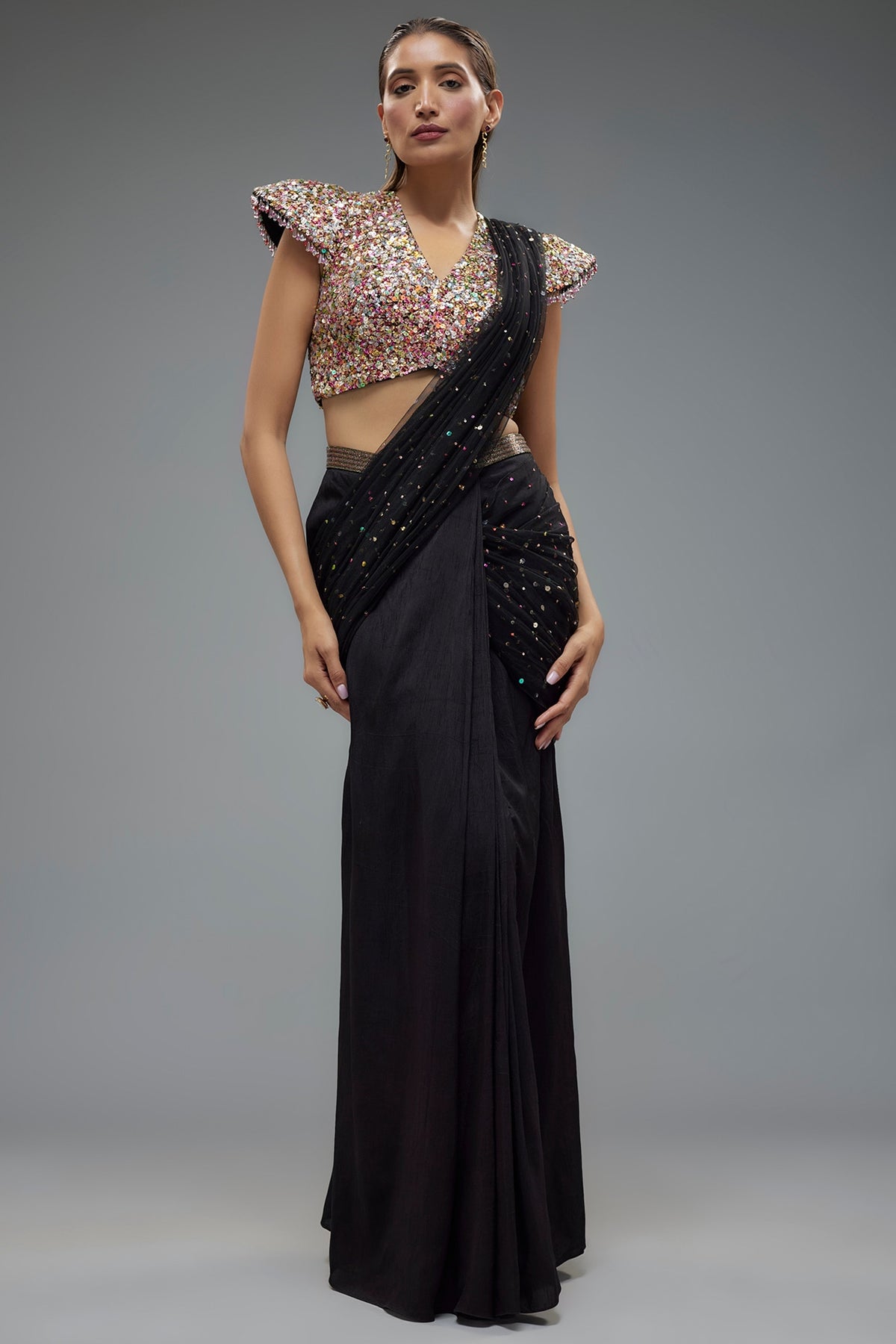 Black Raw Silk Tikka Embellished Saree Set