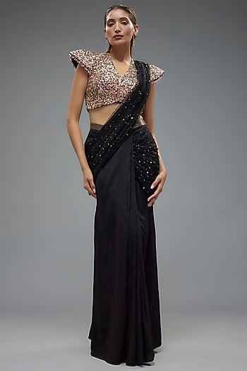 Black Raw Silk Tikka Embellished Saree Set