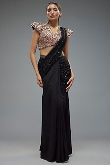 Black Raw Silk Tikka Embellished Saree Set
