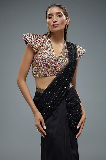 Black Raw Silk Tikka Embellished Saree Set