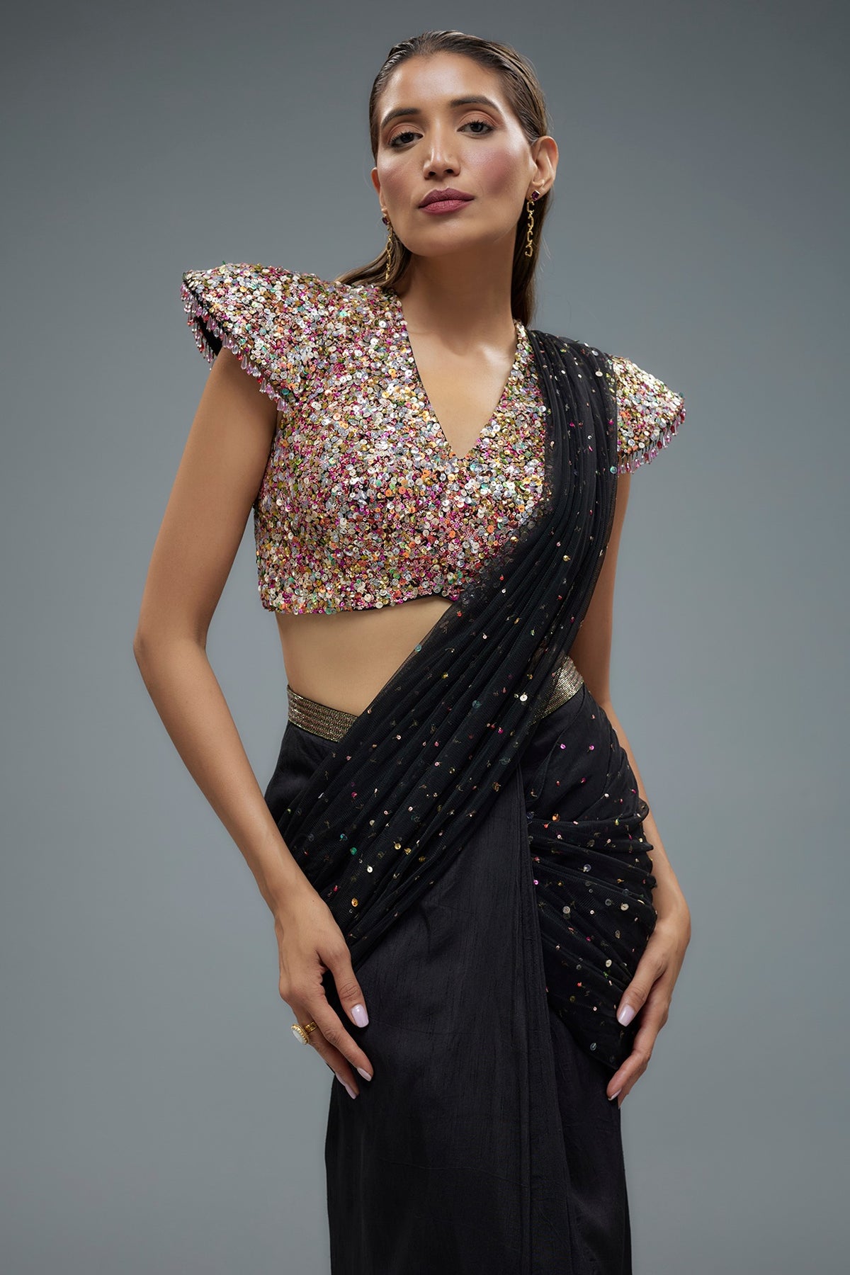 Black Raw Silk Tikka Embellished Saree Set