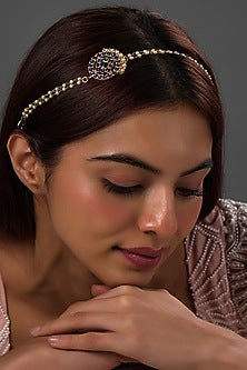Gold Finish Kemp Stone & Pearl Beaded Temple Mathapatti