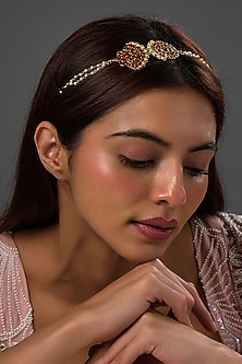 Gold Finish Kemp Stone & Pearl Beaded Temple Mathapatti