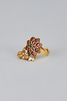 Gold Finish Kemp Stone & Pearl Temple Ring