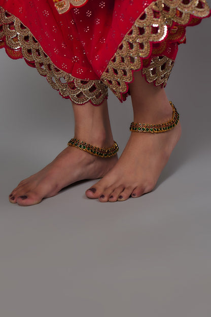 Gold Finish Kemp Stone Temple Anklets (Set of 2)