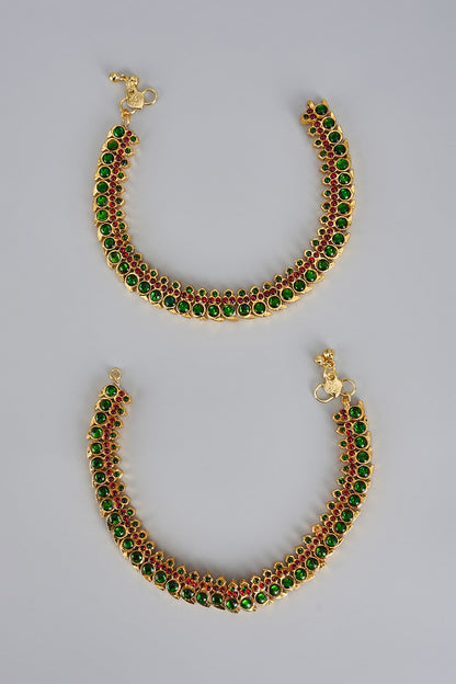 Gold Finish Kemp Stone Temple Anklets (Set of 2)
