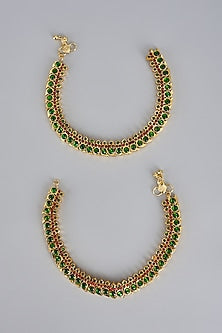 Gold Finish Kemp Stone Temple Anklets (Set of 2)
