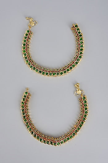 Gold Finish Kemp Stone Temple Anklets (Set of 2)