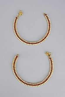 Gold Finish Kemp Stone & Pearl Temple Anklets (Set of 2)