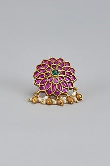 Gold Finish Pearl & Kemp Stone Temple Adjustable Ring