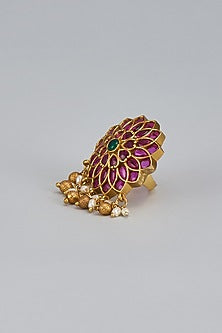 Gold Finish Pearl & Kemp Stone Temple Adjustable Ring
