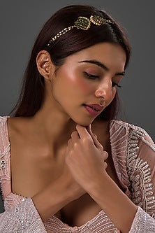 Gold Finish Kemp Stone & Pearl Beaded Temple Mathapatti