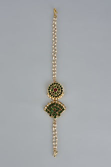 Gold Finish Kemp Stone & Pearl Beaded Temple Mathapatti