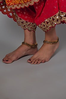 Gold Finish Kemp Stone Temple Anklets (Set of 2)