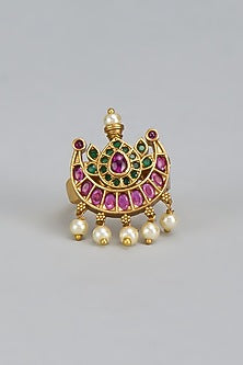 Gold Finish Kemp Stone & Pearl Temple Adjustable Ring