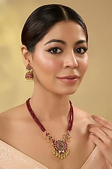 Gold Finish Kundan Polki & Kemp Stone Temple Necklace Set