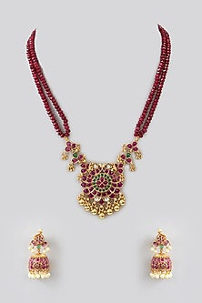 Gold Finish Kundan Polki & Kemp Stone Temple Necklace Set