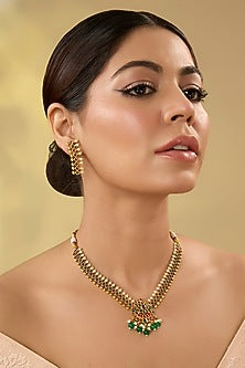 Gold Finish Kundan Polki & Kemp Stone Temple Necklace Set