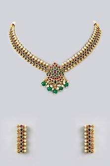 Gold Finish Kundan Polki & Kemp Stone Temple Necklace Set