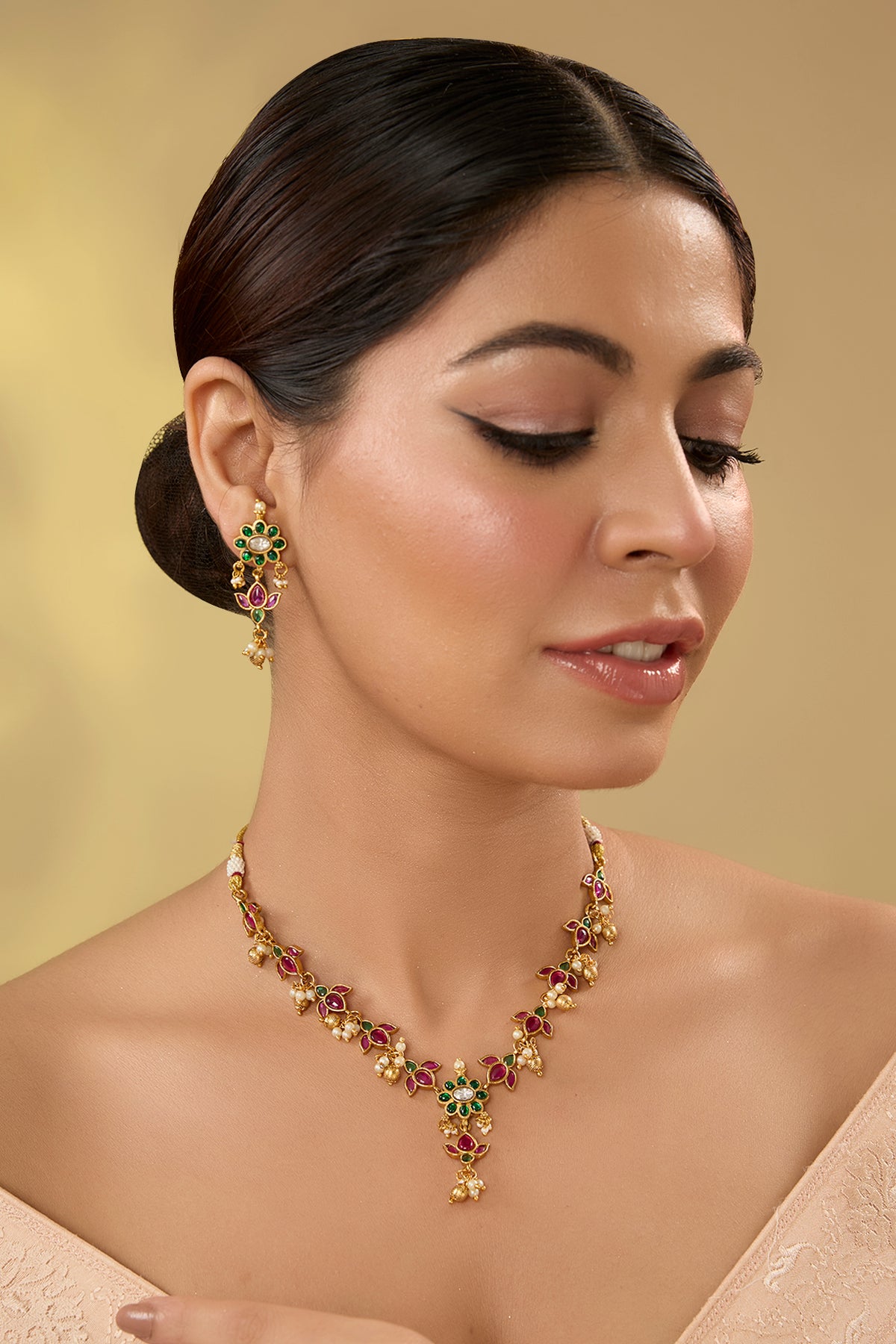 Gold Finish Kundan Polki & Kemp Stone Temple Necklace Set