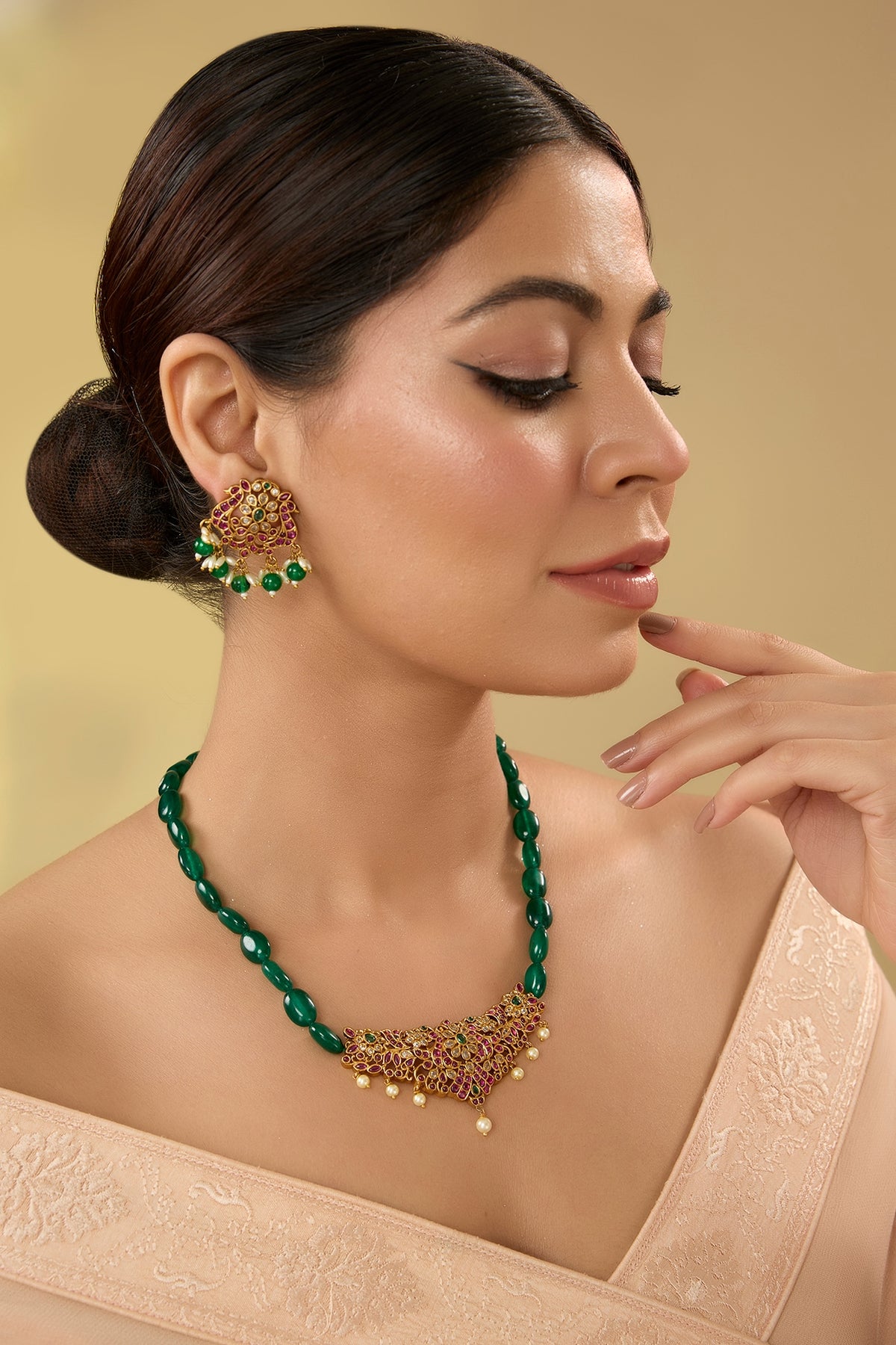 Gold Finish Kundan Polki & Kemp Stone Temple Necklace Set