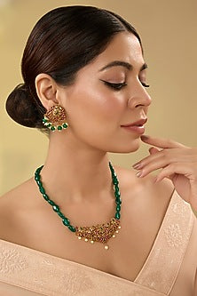 Gold Finish Kundan Polki & Kemp Stone Temple Necklace Set