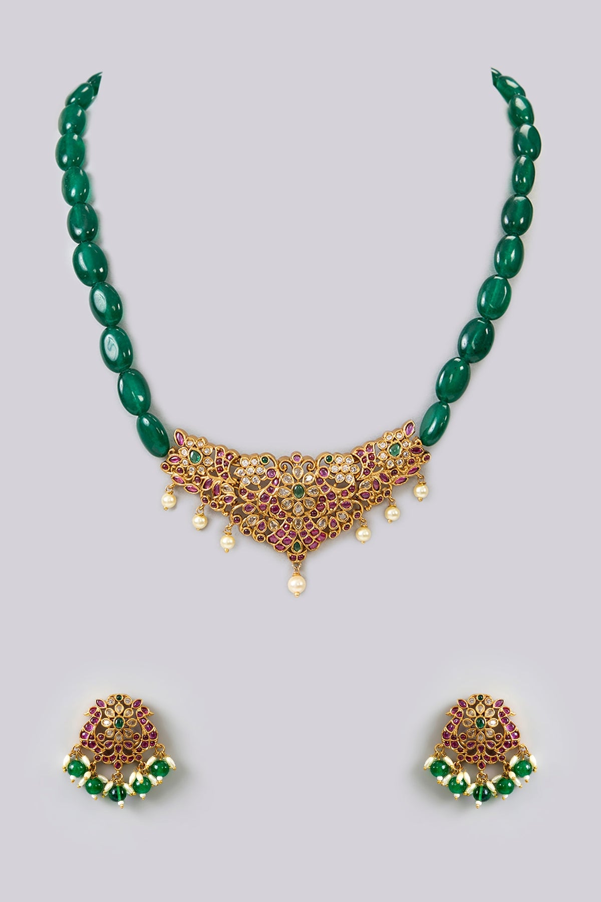 Gold Finish Kundan Polki & Kemp Stone Temple Necklace Set