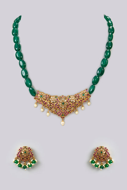 Gold Finish Kundan Polki & Kemp Stone Temple Necklace Set