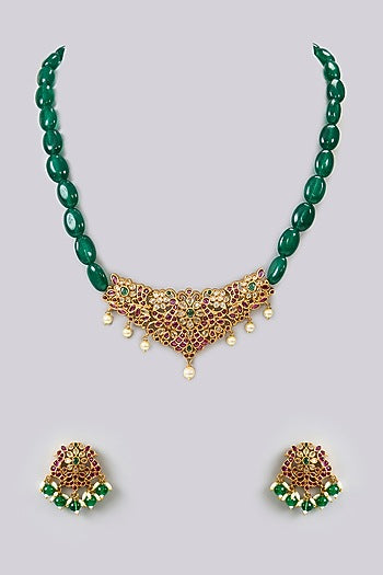 Gold Finish Kundan Polki & Kemp Stone Temple Necklace Set
