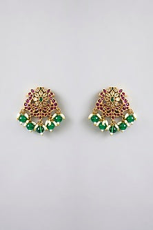 Gold Finish Kundan Polki & Kemp Stone Temple Necklace Set