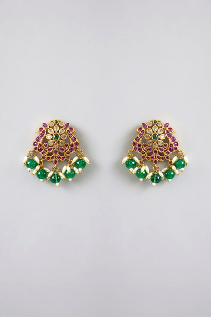 Gold Finish Kundan Polki & Kemp Stone Temple Necklace Set