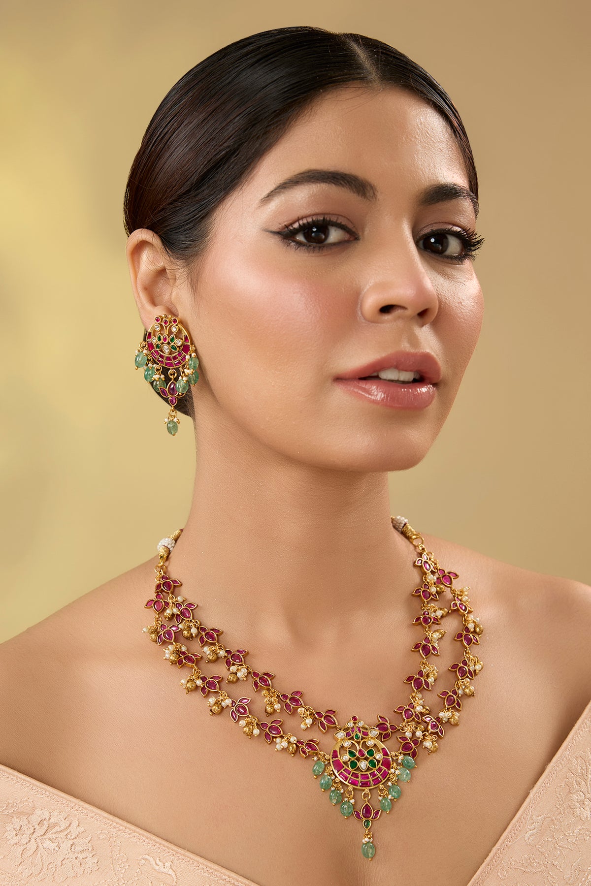 Gold Finish Kundan Polki & Kemp Stone Temple Necklace Set