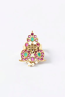 Gold Finish Red & Green Stone Adjustable Ring