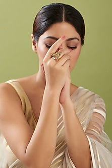 Gold Finish Red & Green Stone Adjustable Ring