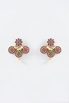 Gold Finish Red & Green Stone Dangler Earrings