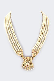 Gold Finish Red & White Stone Necklace