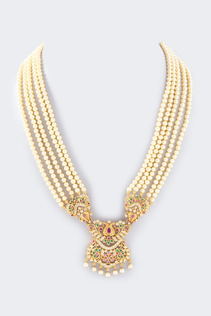 Gold Finish Red & White Stone Necklace